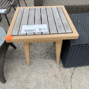 EX STAGING FURNITURE - OUTDOOR TAN/GREY SIDE TABLE, SOLD AS IS