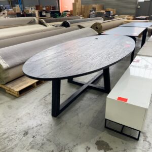 EX HIRE, BLACK OVAL DINING TABLE, SOLD AS IS