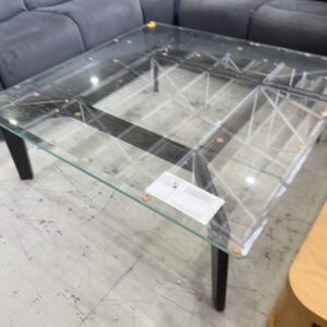 BRAND NEW WALNUT TIMBER COFFEE TABLE WITH LARGE GLASS TOP, 1000MM X 1000MM SOLD AS IS
