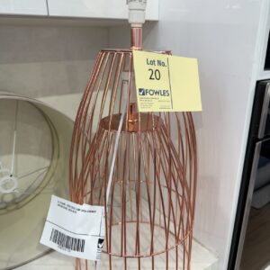 EX STAGING -ROSE GOLD LAMP WITH FRENCH WRITING SHADE, SOLD AS IS