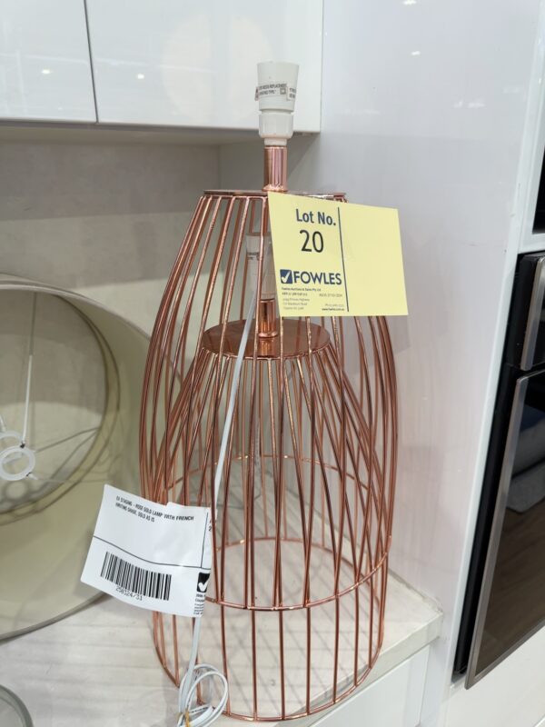 EX STAGING -ROSE GOLD LAMP WITH FRENCH WRITING SHADE, SOLD AS IS