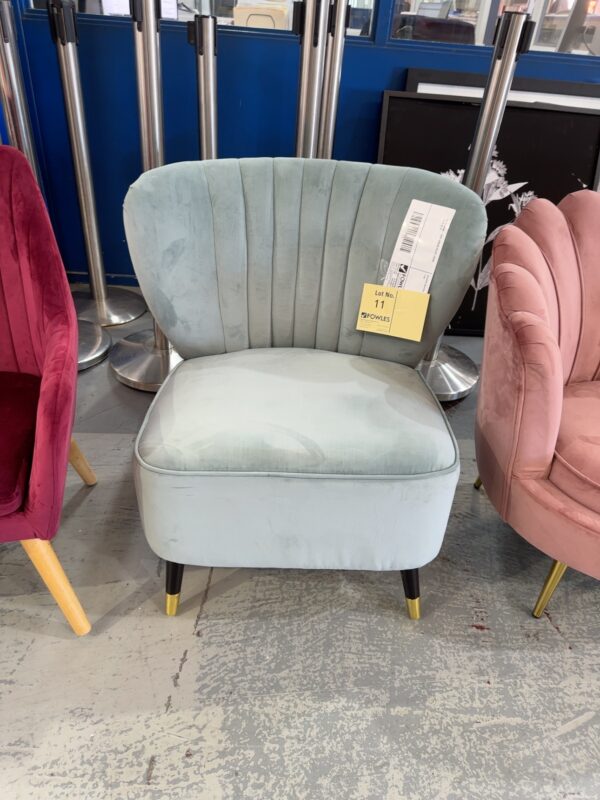 EX STAGING -MINT GREEN VELVET CHAIR, SOLD AS IS