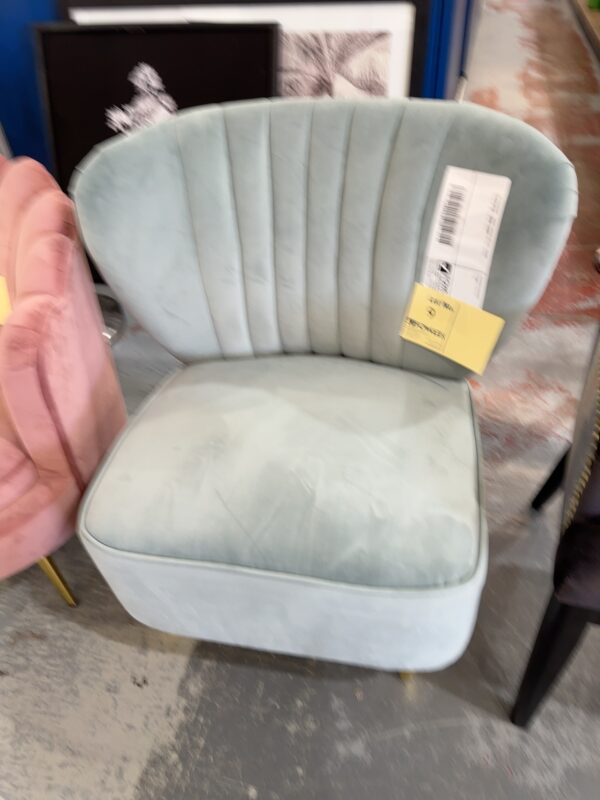 EX STAGING -MINT GREEN VELVET CHAIR, SOLD AS IS **BENT LEGS**