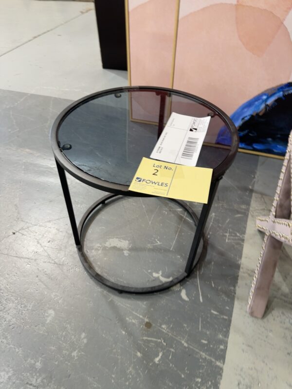 EX STAGING -BLACK ROUND SIDE TABLE, SOLD AS IS