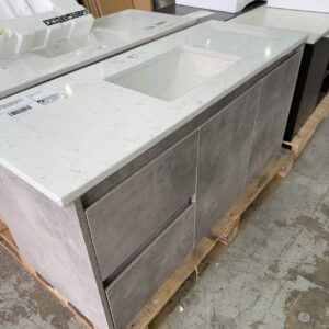 LOLA 1200MM CONCRETE LOOK WALL HUNG VANITY WITH LEFT HAND DRAWER, WITH CATO STONE TOP WITH UNDERMOUNT BASIN, RRP$1958 CAWH11-1200 & ST26-1200