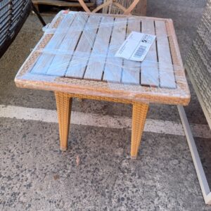 EX STAGING FURNITURE, RATTAN & TIMBER SIDE TABLE, SOLD AS IS