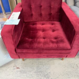 EX STAGING FURNITURE - RUBY RED VELVET ARMCHAIR, SOLD AS IS