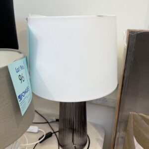 EX STAGING FURNITURE - CHARCOAL GLASS LAMP, WITH WHITE SHADE, SOLD AS IS