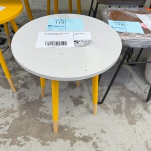 EX STAGING FURNITURE - GREY SIDE TABLE WITH YELLOW LEGS, SOLD AS IS