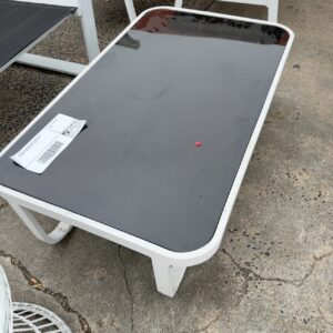 EX HIRE OUTDOOR COFFEE TABLE, BLACK GLASS ON WHITE FRAME,SOLD AS IS