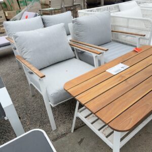 EX HIRE OUTDOOR LOUNGE SETTING WITH 2 SEATER COUCH, 2 ARM CHAIRS & COFFEE TABLE, SOLD AS IS