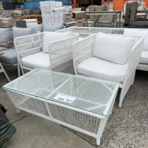 EX HIRE WHITE OUTDOOR SETTING, CONSISTS OF 3 SEATER AND 2 ARM CHAIRS AND COFFEE TABLE, SOLD AS IS