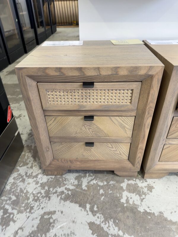 EX DISPLAY, BARATTI BEDSIDE TABLE, WHITE ASH, RATTAN PANEL, RRP$599, SOLD AS IS