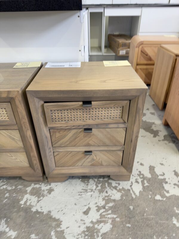 EX DISPLAY, BARATTI BEDSIDE TABLE, WHITE ASH, RATTAN PANEL, RRP$599, SOLD AS IS **TOP DRAWER IS BROKEN & WILL NEED REATTACHING TO DRAWER FRONT**