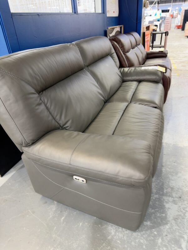 EX DISPLAY, DOUGLAS 3 SEATER COUCH, IRON GREY LEATHER, 2 ELECTRIC RECLINERS, SOLD AS IS