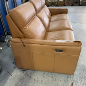 EX DISPLAY, ROMA CARAMEL THICK LEATHER 3 SEATER COUCH WITH 2 ELECTRIC RECLINERS, SOLD AS IS