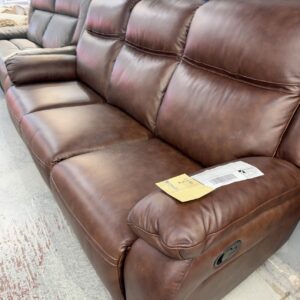 EX DISPLAY SOMERS ELITE LEATHER BROWN 3 SEATER SOFA WITH MANUAL RECLINERS, SOLD AS IS