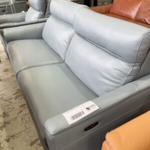 EX DISPLAY STORM GREY LEATHER ROMA 2.5 SEATER COUCH WITH ELECTRIC RECLINER EACH END, SOLD AS IS