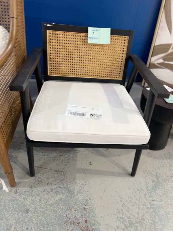 EX HIRE BLACK FRAMED RATTAN CHAIR, SOLD AS IS