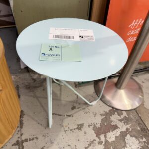 EX HIRE LIGHT BLUE METAL SIDE TABLE, SOLD AS IS