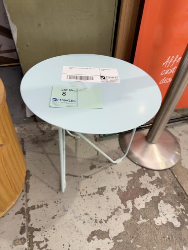 EX HIRE LIGHT BLUE METAL SIDE TABLE, SOLD AS IS