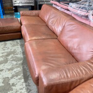 EX DISPLAY TAN LEATHER 3 SEATER MODULAR COUCH, SOLD AS IS, MARKS ON LEATHER