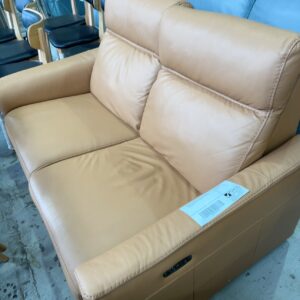EX DISPLAY CARAMEL LEATHER 2 SEATER COUCH WITH ELECTRIC RECLINER EACH END, SOLD AS IS
