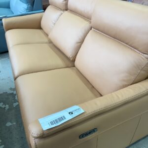 EX DISPLAY CARAMEL LEATHER ROMA 3 SEATER COUCH WITH ELECTRIC RECLINER EACH END, SOLD AS IS