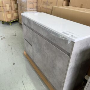 NEW LOLA 1200MM FLOOR VANITY, CONCRETE LOOK CABINET, FINGER PULL WITH LEFT HAND DRAWER, WITH FLAT STONE TOP, NO HOLE RP$2058 CA11-1200L-ST56FT