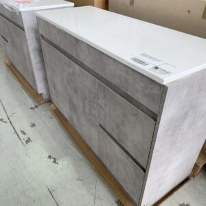 NEW LOLA 1200MM FLOOR VANITY, CONCRETE LOOK CABINET, FINGER PULL WITH RIGHT HAND DRAWER, WITH FLAT STONE TOP, NO HOLE RP$2058 CA11-1200R-ST56FT