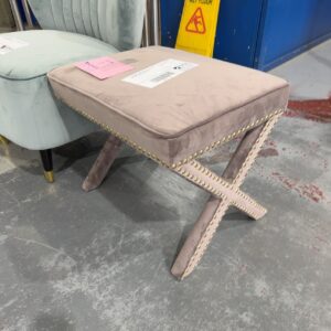 EX STAGING - BEIGE CROSS LEG FOOTSTOOL WITH STUD DETAIL, SOLD AS IS