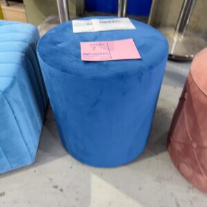 EX STAGING - BLUE VELVET ROUND OTTOMAN, SOLD AS IS