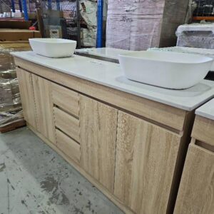 1800MM LIGHT LAMINATE DOUBLE BOWL VANITY WITH STONE TOP AND CURVED VANITY BOWLS