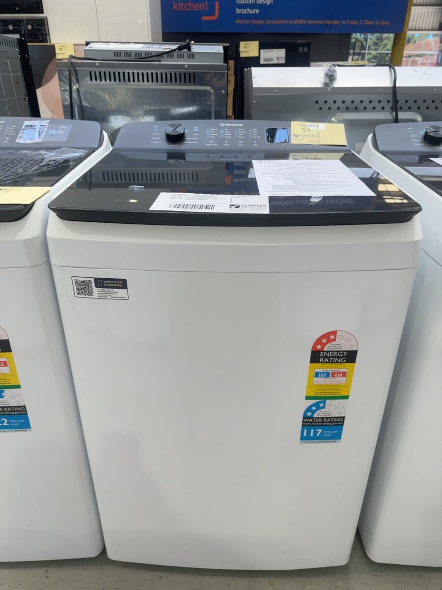 WESTINGHOUSE WWT8084J7WA, 8KG EASYCARE TOP LOAD WASHING MACHINE, EASY TO USE CONTROLS, EVERYDAY FAST WASH PROGRAMS, DURABLE SOFT CLOSE GLASS LID, 12 MONTH WARRANTY