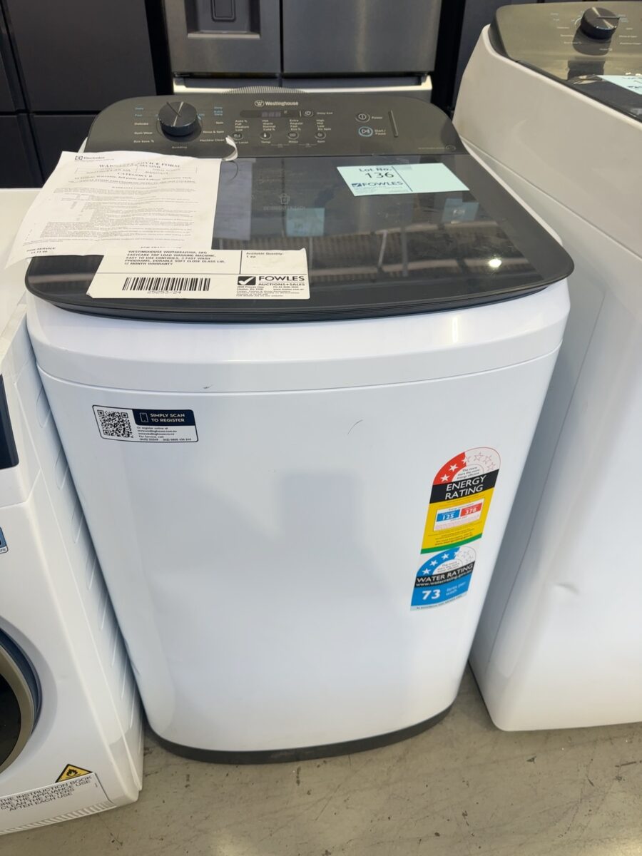WESTINGHOUSE WWT6084J5WA, 6KG EASYCARE TOP LOAD WASHING MACHINE, EASY TO USE CONTROLS, 3 FAST WASH PROGRAMS, DURABLE SOFT CLOSE GLASS LID, 12 MONTH WARRANTY
