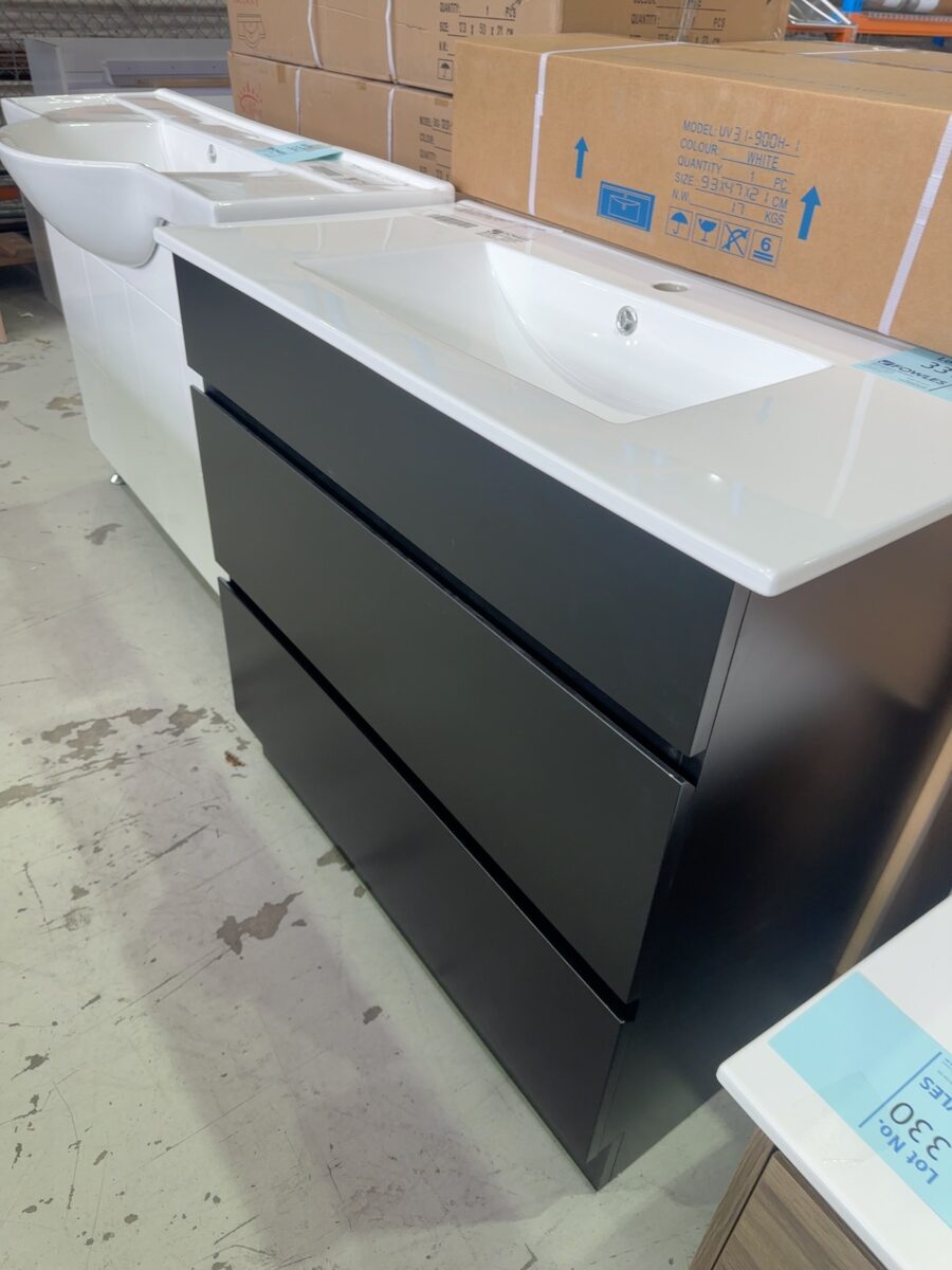 NEW MATTE BLACK 900MM 2 DRAWER FLOOR VANITY WITH WHITE CERAMIC TOP MODEL CORE-900WBM & UV31-900H-1TH