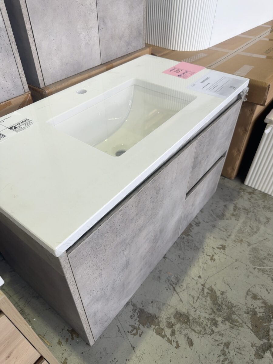 EX DISPLAY LOLA 900MM GREY WALL HUNG VANITY WITH PURE WHITE STONE TOP WITH UNDERMOUNT BOWL RRP$1310 CAW11-900R & ST56-900