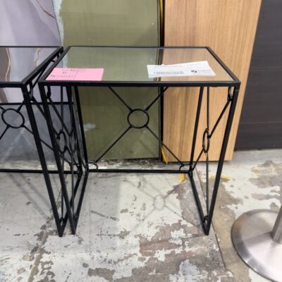EX STAGING FURNITURE - RECTANGLE SIDE TABLE, BLACK METAL WITH GLASS TOP, SOLD AS IS