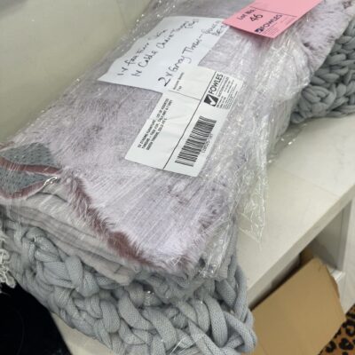 EX STAGING FURNITURE - LOT OF ASSORTED THROWS - FAUX FUR, CABLE KNIT & 2 GREY QUEEN THROWS, SOLD AS IS