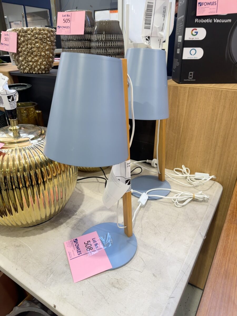 EX STAGING FURNITURE - BLUE & TIMBER DESK LAMPS, SOLD AS IS
