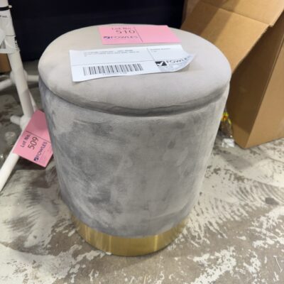 EX STAGING FURNITURE - GREY ROUND VELVET OTTOMAN WITH GOLD BASE, SOLD AS IS