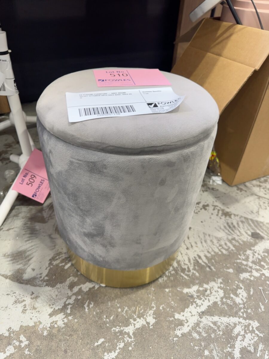 EX STAGING FURNITURE - GREY ROUND VELVET OTTOMAN WITH GOLD BASE, SOLD AS IS