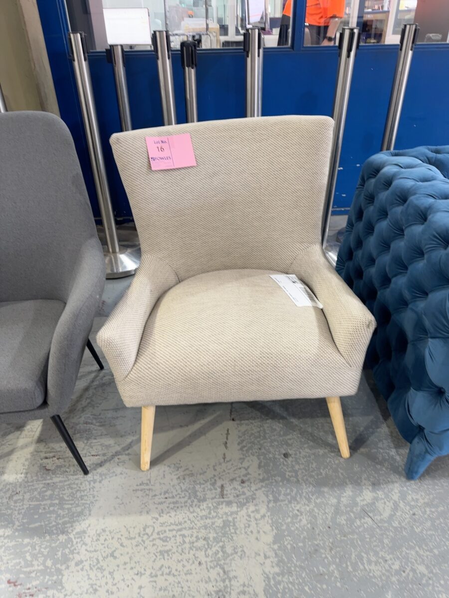 EX STAGING FURNITURE - GREY ARMCHAIR, SOLD AS IS