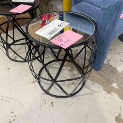 EX STAGING FURNITURE - BLACK METAL ROUND SIDE TABLE, GLASS TOP, SOLD AS IS