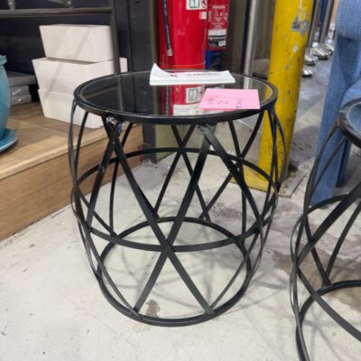 EX STAGING FURNITURE - BLACK METAL ROUND SIDE TABLE, GLASS TOP, SOLD AS IS