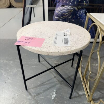 EX STAGING FURNITURE - ROUND SIDE TABLE WITH STONE TOP **CHIPPED EDGE** SOLD AS IS