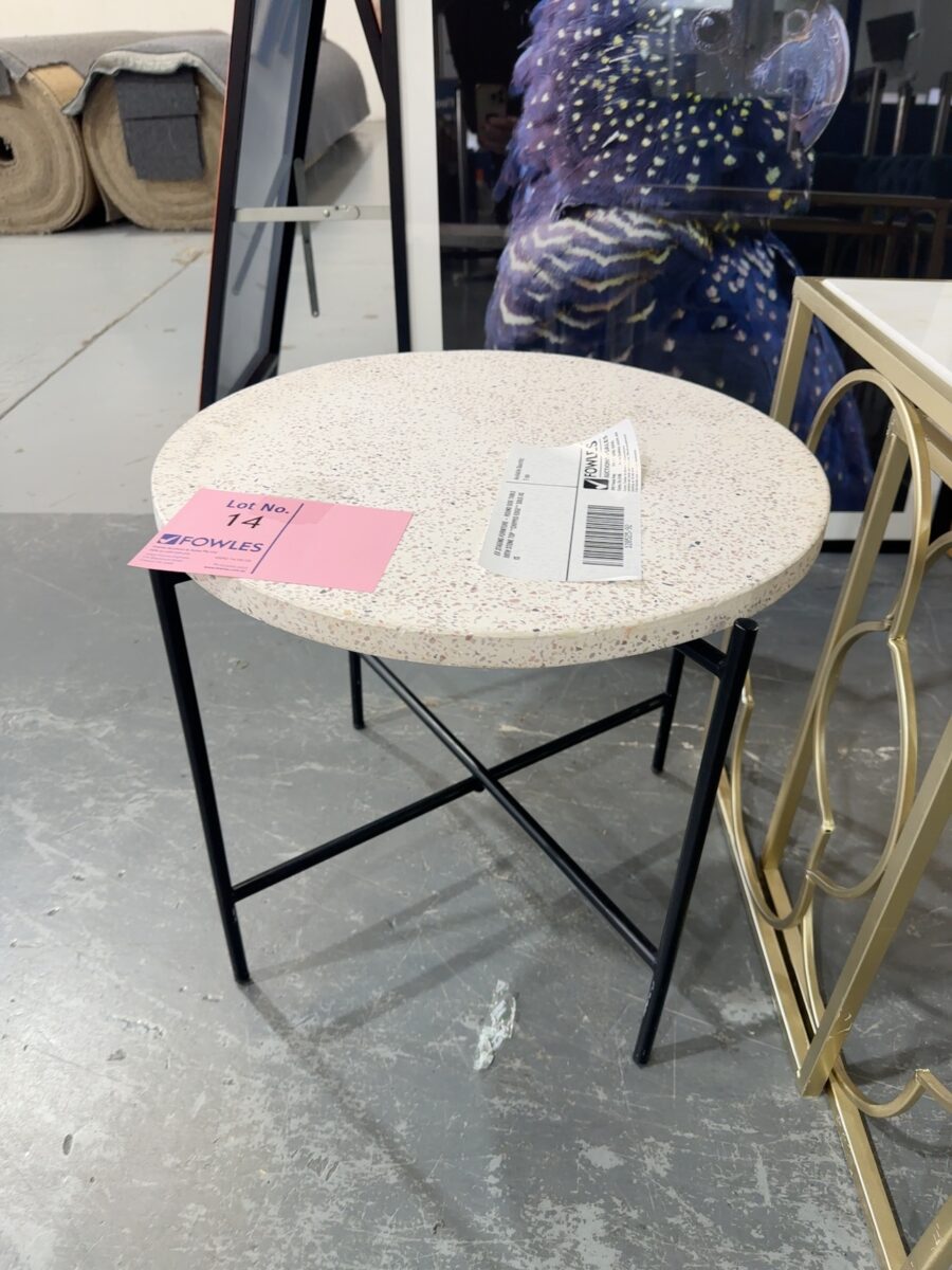 EX STAGING FURNITURE - ROUND SIDE TABLE WITH STONE TOP **CHIPPED EDGE** SOLD AS IS