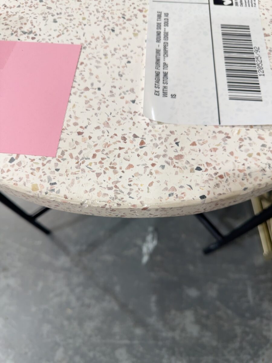 EX STAGING FURNITURE - ROUND SIDE TABLE WITH STONE TOP **CHIPPED EDGE** SOLD AS IS