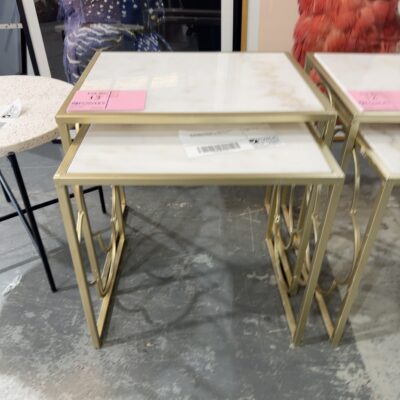 EX STAGING FURNITURE - NEST OF 2 TABLE, GOLD FRAME & STONE TOP, SOLD AS IS