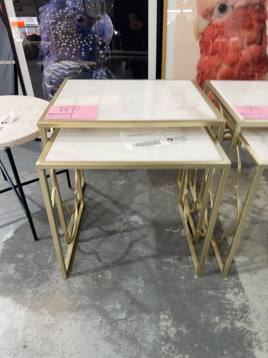 EX STAGING FURNITURE - NEST OF 2 TABLE, GOLD FRAME & STONE TOP, SOLD AS IS